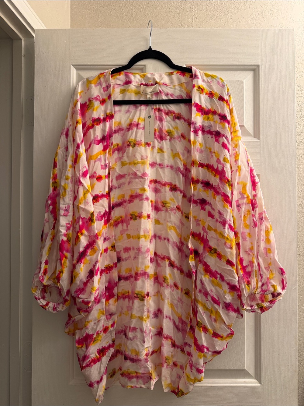 Anthropologie White Open-Front Watercolor Stripe Cardigan in Pink & Yellow